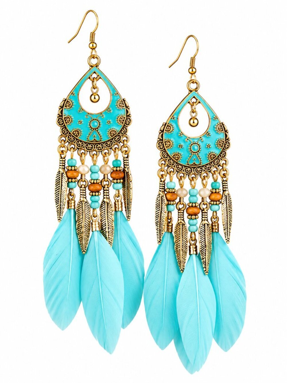 🆕 Boho Gold Tone Long Turquoise Feather Dangle Earrings Statement Jewelry NWOT
